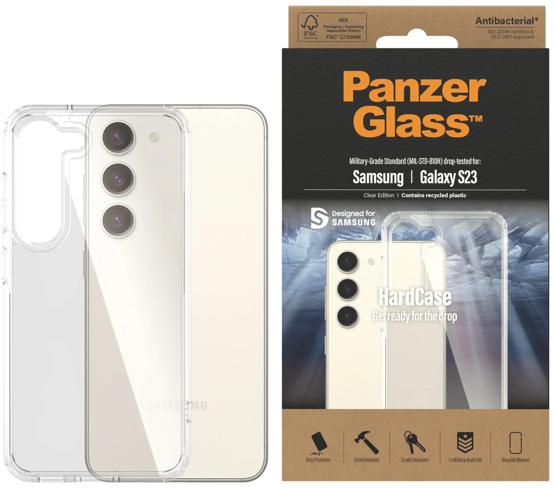 PanzerGlass Samsung Galaxy S23 5G (6.1") HardCase - (0433), 3X Military-Grade Standard, Wireless Charging Compatible, Anti-Yellowing,AntiBacterial,2YR