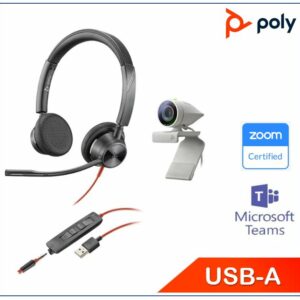 Poly Studio P5 and Blackwire 3325 work from home bundle, Exceptional camera optics, Brilliant colors, auto low-light compensation, high-quality audio
