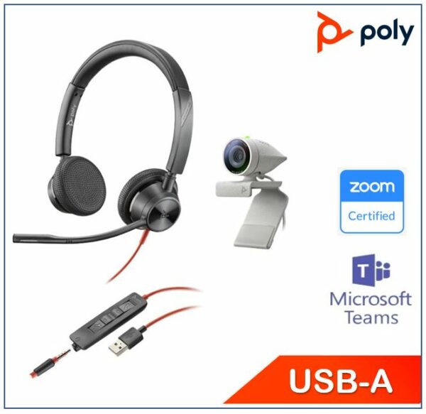 Poly Studio P5 and Blackwire 3325 work from home bundle, Exceptional camera optics, Brilliant colors, auto low-light compensation, high-quality audio