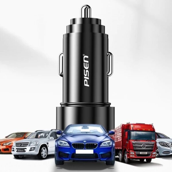 Pisen 36W Dual Port (USB-C 18W PD + USB-A 18W QC) Fast Car Charger Black - Intelligent Charging, 12-24V Wide Voltage Input, Safe Battery Protection