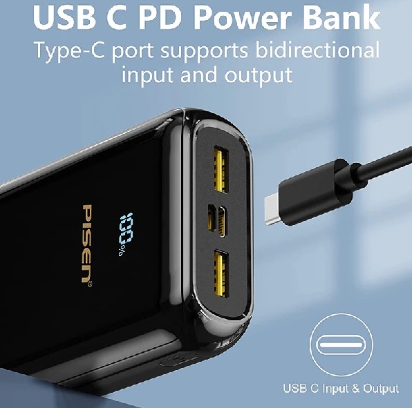 Pisen 22.5W Triple Port (Dual USB-A + USB-C) 20K Power Bank Black - Charge 3 Devices at the Same Time, Intelligent,LED Display,Travel Ready,PD ,QC 3.0
