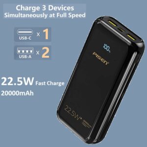 Pisen 22.5W Triple Port (Dual USB-A + USB-C) 20K Power Bank Black - Charge 3 Devices at the Same Time, Intelligent,LED Display,Travel Ready,PD ,QC 3.0