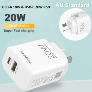 Pisen 20W Dual Port (USB-C PD 20W + USB-A QC3.0 18W) Fast Wall Charger - Compact, Travel Ready, 3x Faster Charging, Charge Two Devices Simultaneously