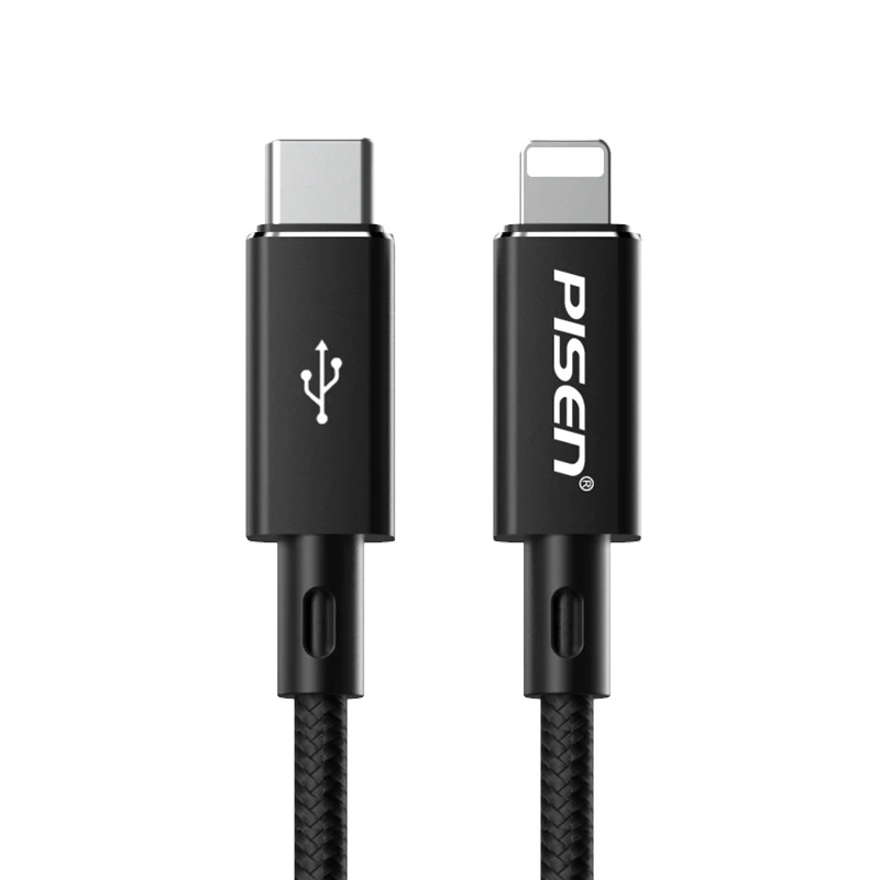 Pisen Braided Lightning to USB-C PD Fast Charge Cable (1M) Black - Support 3A, Anti-Breaking, Reinforced  More Durable, Aluminum Alloy Shell