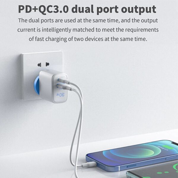 USP 30W Dual Ports (USB-C PD + USB-A QC3.0) Fast Wall Charger + Lightning Cable (1M) -Safe Charge,Compact,Travel Ready,Charge 2 Devices Simultaneously