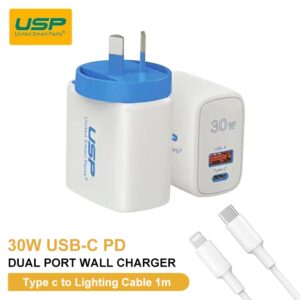 USP 30W Dual Ports (USB-C PD + USB-A QC3.0) Fast Wall Charger + Lightning Cable (1M) -Safe Charge,Compact,Travel Ready,Charge 2 Devices Simultaneously