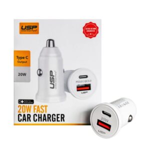 USP 20W Dual Ports (20W USB-C PD3.0 + 18W USB-A QC3.0) Fast Car Charger White - Intelligent Charging, Short-Circuit Protection, Safe Charger