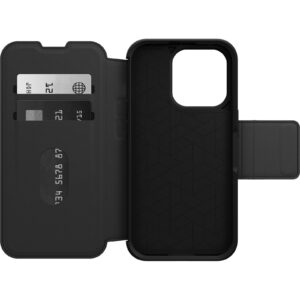 OtterBox Strada Apple iPhone 14 Pro Case Black - (77-88564), DROP+ 3X Military Standard, Leather Folio Cover, Card Holder, Raised Edges, Soft Touch