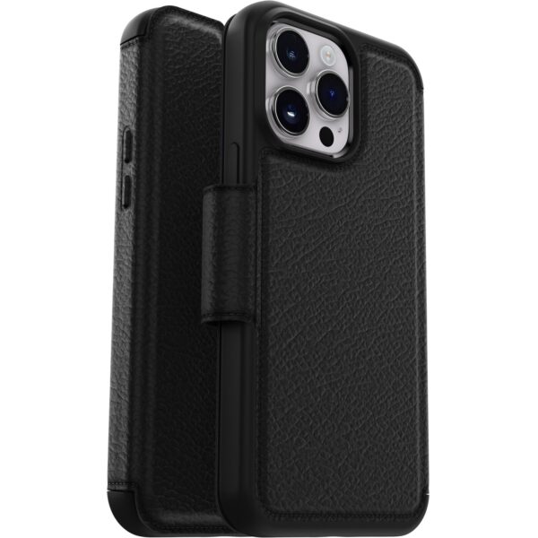 OtterBox Strada Apple iPhone 14 Pro Max Case Black - (77-88571), DROP+ 3X Military Standard, Leather Folio Cover, Card Holder, Raised Edges,Soft Touch