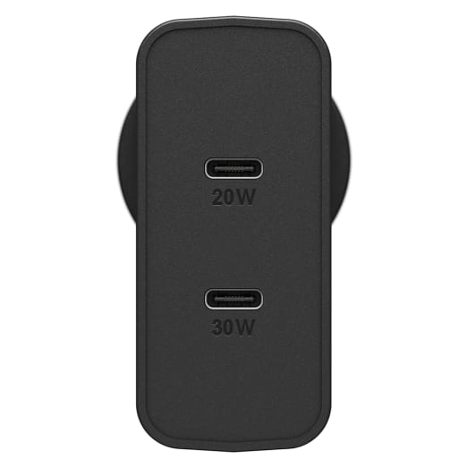 OtterBox 50W Dual Port USB-C Fast PD Wall Charger - Black (78-80354),2x USB-C (30W + 20W),Supports PPS,Compact,Safe,Ultra-Durable,Intelligent Charging