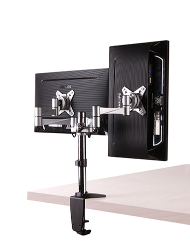 Brateck Dual Monitor Elegant Aluminium w/ArmDesk Clamp Silver Fit most 13″- 27″ Monitor VESA 75×75/100×100 (LS)