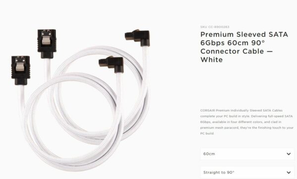 Corsair Premium Sleeved SATA 6Gbps 60cm 90° Connector Cable — White