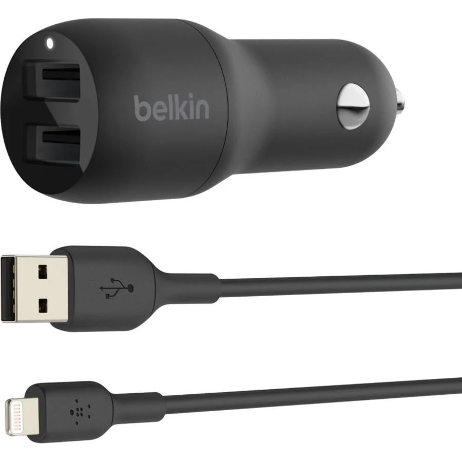 Belkin BoostCharge Dual USB-A Car Charger 24W + Lightning to USB-A Cable(1M) - Black(CCD001bt1MBK),2xUSB-A(12W),Dual Port Fast  Compact Charger,2YR