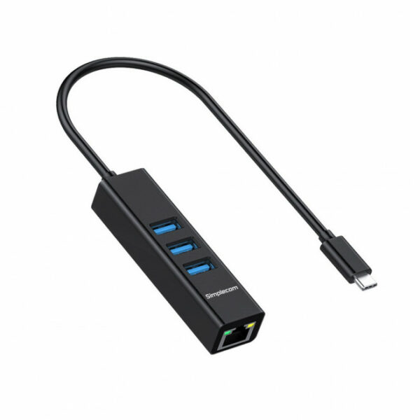 Simplecom CHN421 Black Aluminium USB-C to 3 Port USB HUB with Gigabit Ethernet Adapter