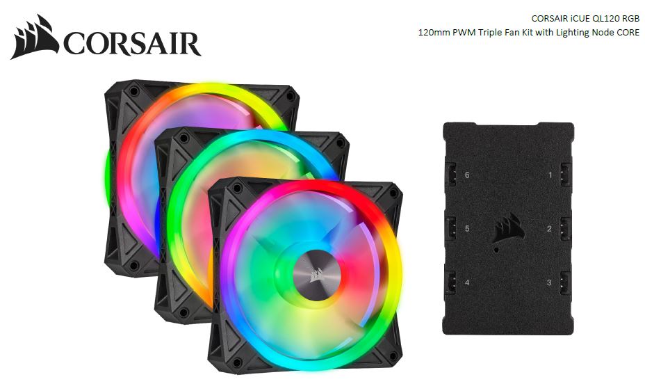 Corsair QL120 RGB Triple Fan Kit with Lighting Node Core, ICUE, 120mm RGB LED PWM Fan 26dBA, 41.8 CFM, 3 Fan Pack (LS)