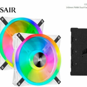 Corsair QL140 RGB White Dual Fan Kit with Lighting Node Core, ICUE, 140mm RGB LED PWM Fan 26dBA, 50.2 CFM, 2 Fan Pack