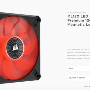 Corsair ML ELITE Series, ML120 LED ELITE, 120mm Magnetic Levitation Red LED Fan with AirGuide, Single Pack (LS)