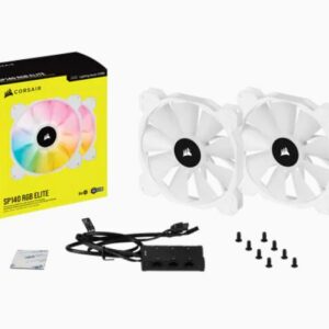 Corsair White SP140 RGB ELITE, 140mm RGB LED Fan with AirGuide, 68 CFM, Dual Pack with Lighting Node CORE