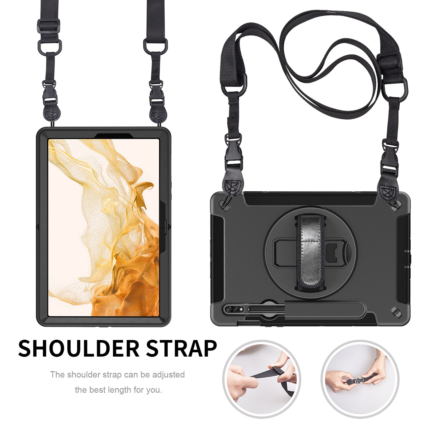 Generic Rugged Samsung Galaxy Tab S9 / Tab S8 / Tab S7 (11″) Case Black – Built-in-Kickstand,Adjustable Hand Strap,Shoulder Strap