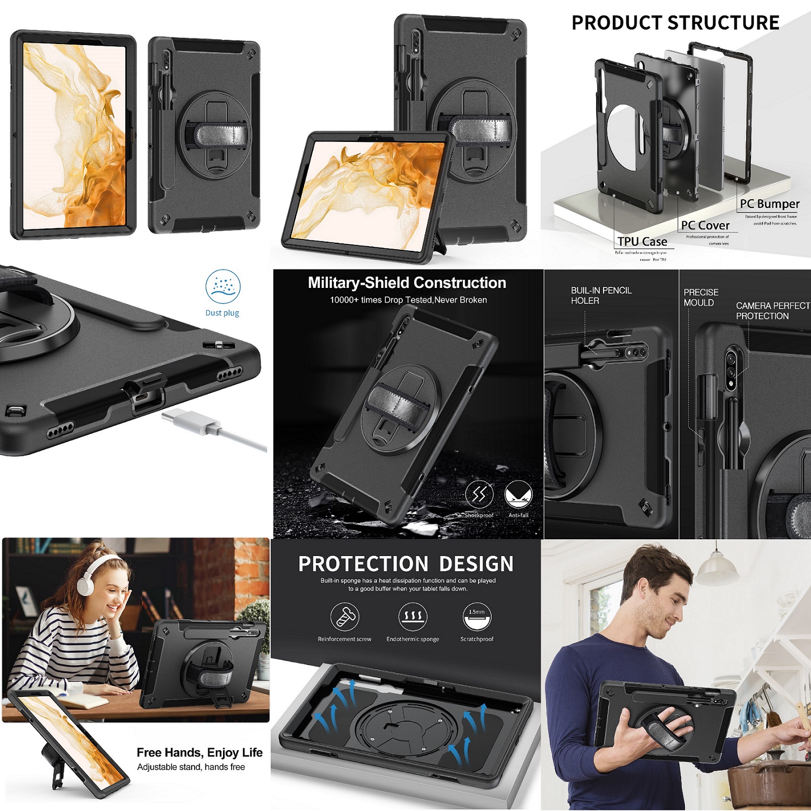 Generic Rugged Samsung Galaxy Tab S9 / Tab S8 / Tab S7 (11″) Case Black – Built-in-Kickstand,Adjustable Hand Strap