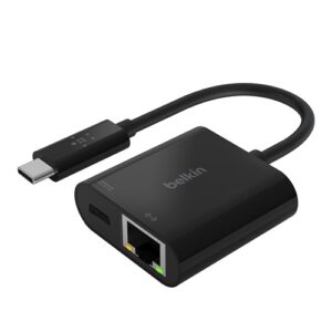 Belkin USB-C to Ethernet + Charge Adapter - Black(INC001btBK), Power Delivery up to 60W, Use With Network Speeds up to 1000 Mbps,2YR