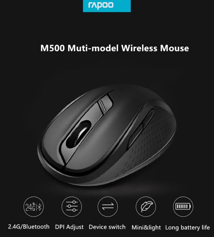RAPOO M500 Multi-Mode, Silent, Bluetooth, 2.4Ghz, 3 device Wireless Optical Mouse - Simultaneously Connect up to 3 Devices, Windows Compatible