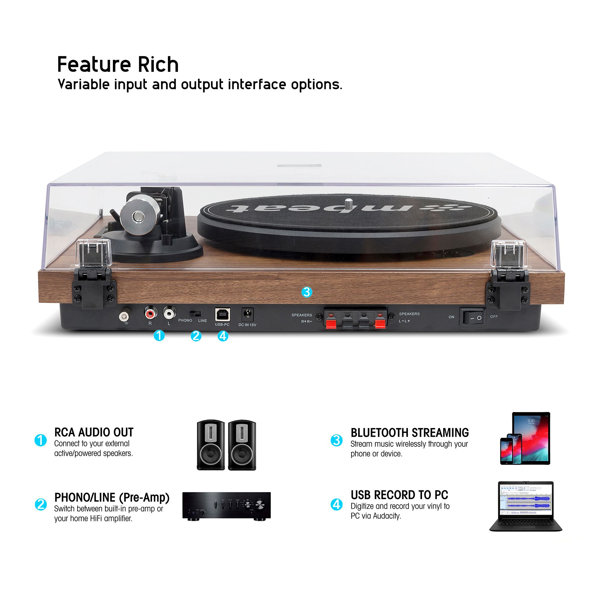mbeat®HIFI Turntable with Speakers – Vinyl Turntable Record Player with 36W Bookshelf Speakers, 33/45 RPM, Bluetooth Streaming via Smart Devices