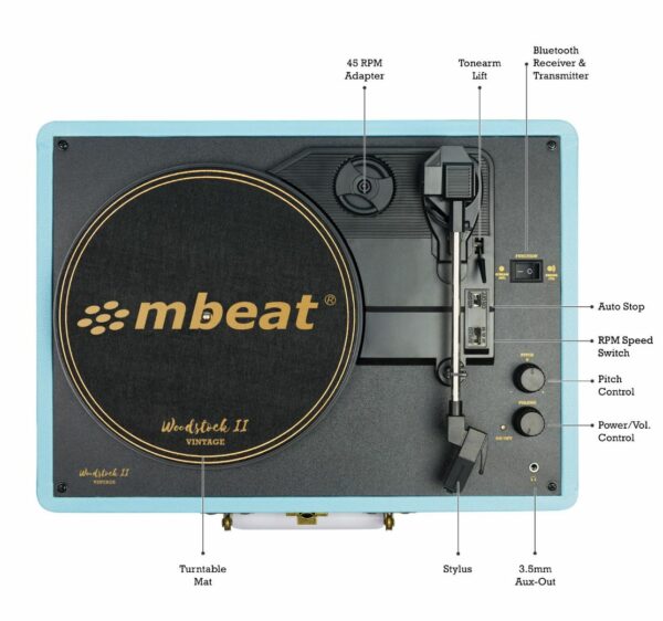 mbeat®  Woodstock 2 Sky Blue Retro Turntable Player with BT Receiver  Transmitter