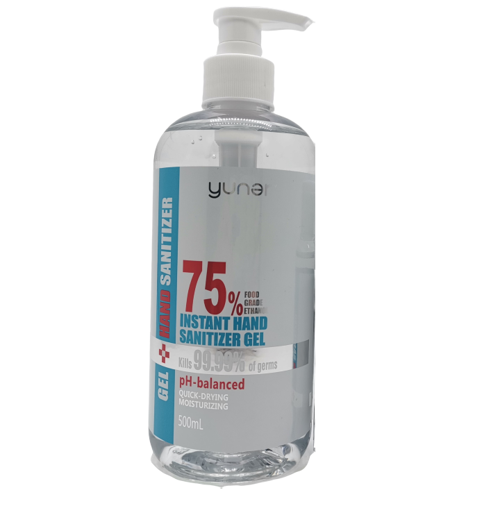 Yuner Gel Instant Hand Sanitiser Gel 500ml, 75% alcohol, quick drying, moisturzing, pump bottle