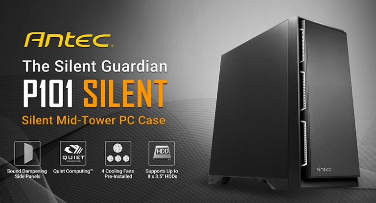 Antec P101 Silent ATX, E-ATX Case, 1x 5.25"Ext, 8x 3.5" HDD,  2x 2.5" SSD,  VGA up to 450mm, CPU Height 180mm. PSU 290mm. Two Years Warranty