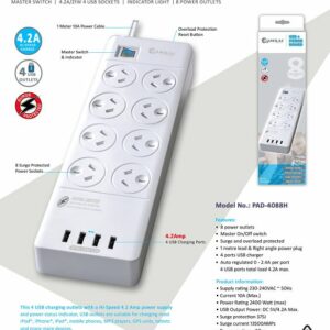 Sansai 8 Outlets  4 USB Outlets Surge Protected Powerboard Master On/Off switch 1M lead  Right angle plug 230-240VAC IV Retail box
