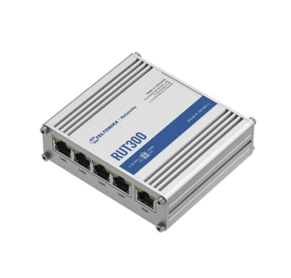Teltonika RUT300 - Rugged industrial fast Ethernet router, 5 Ethernet ports, 2 configurable digital Inputs/Outputs, and 1 USB port.