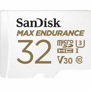 SanDisk Max Endurance 32GB microSD 100MB/s 40MB/s 20K hrs 4K UHD C10 U3 V30 -40°C to 85°C Heat Freeze Shock Temperature Water X-ray Proof SD Adapter