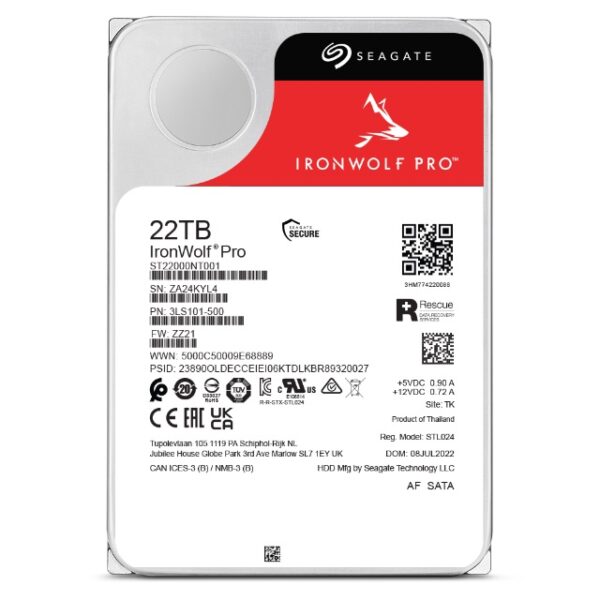 Seagate ST22000NT001 22TB IronWolf Pro 3.5" SATA3 NAS Hard Drive 24x7 Performance 7200 RPM 256MB Cache HDD. 5 Years Warranty