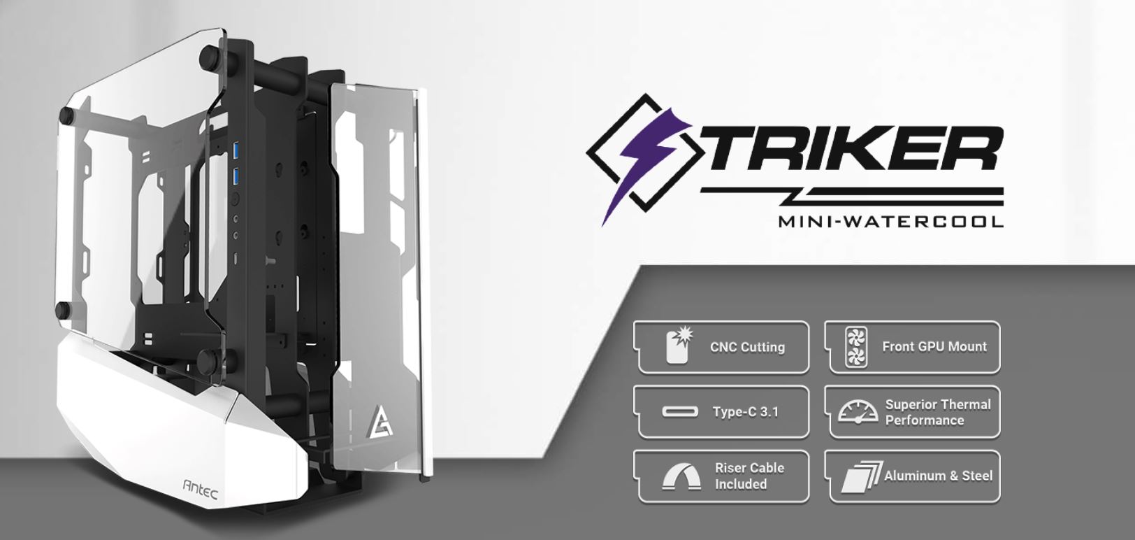 Antec STRIKER Open Frame Mini-ITX Aluminium and Steel Case, PCI-E Riser Cable included. USB 3.1 Type-C, Aluminium Steel, Superior Thermal Performance
