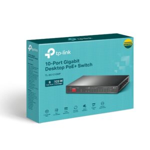 TP-Link TL-SG1210MP 10-Port Gigabit Desktop Switch with 8-Port PoE+PORT: 8× Gigabit PoE+ Ports, 2x Gigabit Non-PoE Ports, 1× Combo Gigabit SFP SlotS