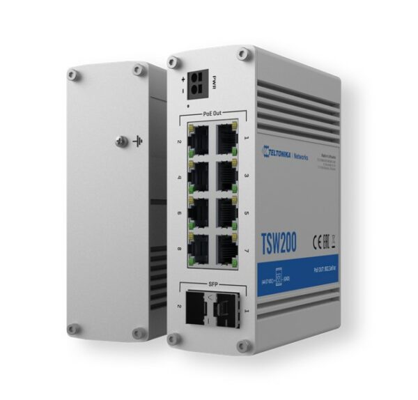 Teltonika TSW200 - Industrial PoE+ Switch, 2x SFP ports, 8x PoE+ ports with speeds up to 1000 Mbps, Power Up to 240 W - PSU excluded