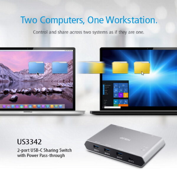Aten Sharing Switch Gen2 2x4 USB-C, 2x PC, 4x USB 3.2 Gen2 Ports (1x USB-C), Power Passthrough, OSX  Windows Compatible, Plug and Play