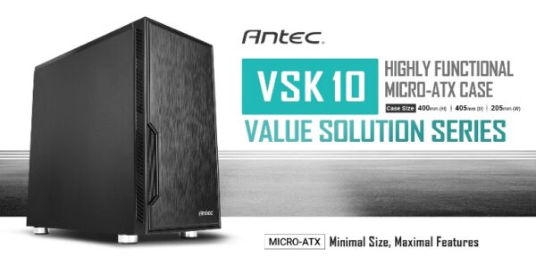 Antec VSK10 mATX Case. 2x USB 3.0 Thermally Advanced Builder's Case. 1x 120mm Fan preinstalled. GPU 350mm, PSU  CPU 160mm, Two Years Wty
