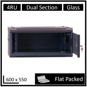 LDR Flat Packed 4U Hinged Wall Mount Cabinet (600mm x 550mm) Glass Door - Black Metal Construction - Top Fan Vents - Side Access Panels