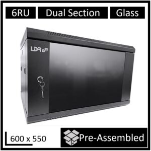 LDR Assembled 6U Hinged Wall Mount Cabinet (600mm x 550mm) Glass Door - Black Metal Construction - Top Fan Vents - Side Access Panels