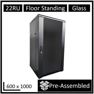 LDR Assembled 22U Server Rack Cabinet (600mm x 1000mm), Glass Door, 1x 8-Port PDU, 1x 4-Way Fan, 2x Fixed Shelves - Black Metal Construction