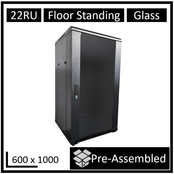 LDR Assembled 22U Server Rack Cabinet (L600mm x W1000mm x H1070mm), Glass Door,1x 8-Port PDU, 1x 4-Way Fan, 2x Fixed Shelves -Black Metal Construction
