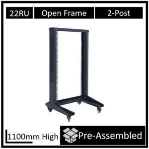 LDR Flat Packed 22U 2-Post Open Frame Rack, Black Metal Construction
