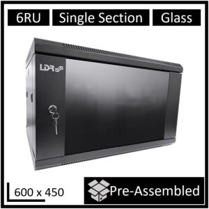 LDR Assembled 6U Wall Mount Cabinet (600mm x 450mm) Glass Door - Black Metal Construction - Top Fan Vents - Side Access Panels