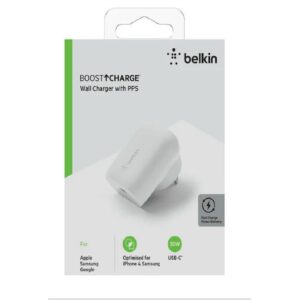 Belkin BoostCharge USB-C PD 3.0 PPS Wall Charger 30W - White(WCA005auWH),Dynamic Power Delivery,Compact, Fast  Travel Ready,Slim and Flat Design,2YR
