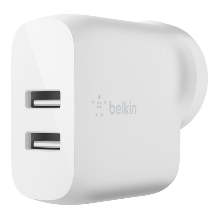 Belkin BoostCharge Dual USB-A Wall Charger 24W – White (WCB002auWH), 2xUSB-A (12W), Dual Port Fast charger, $2,500 Connected Equipment Warranty,2YR