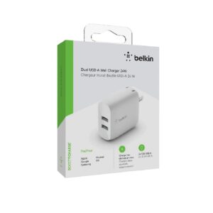 Belkin BoostCharge Dual USB-A Wall Charger 24W - White (WCB002auWH), 2xUSB-A (12W), Dual Port Fast charger, $2,500 Connected Equipment Warranty,2YR
