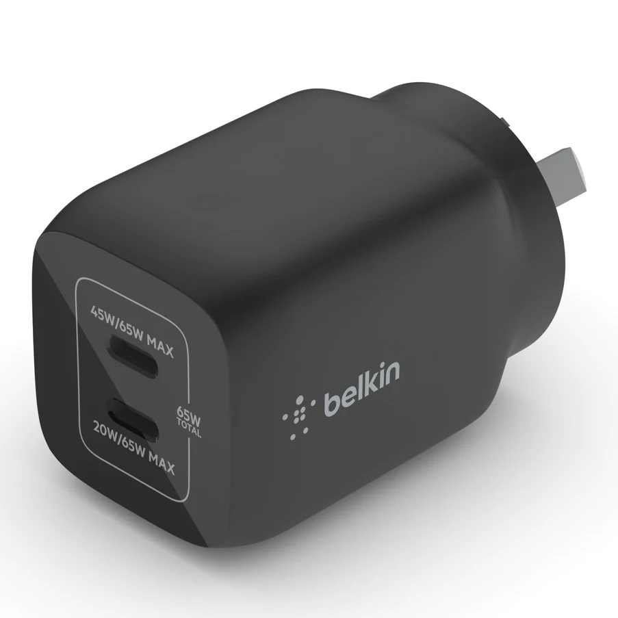 Belkin BoostCharge Pro Dual USB-C GaN Wall/Laptop Charger with PPS 65W - Black(WCH013auBK),1*USB-C(45-65W),1*USB-C(20-65W),Compact,Fast  Travel Ready