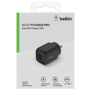 Belkin BoostCharge Pro Dual USB-C GaN Wall/Laptop Charger with PPS 65W - Black(WCH013auBK),1*USB-C(45-65W),1*USB-C(20-65W),Compact,Fast  Travel Ready